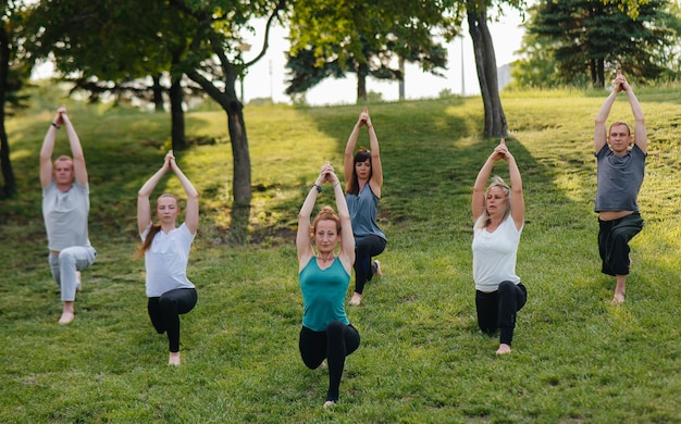 Un grupo de personas hace yoga en el parque al atardecer. Estilo de vida saludable, meditación y bienestar.