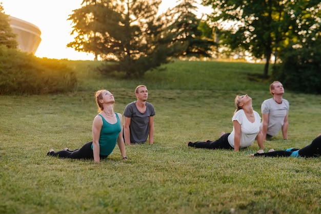 Un grupo de personas hacen yoga en el parque al atardecer.