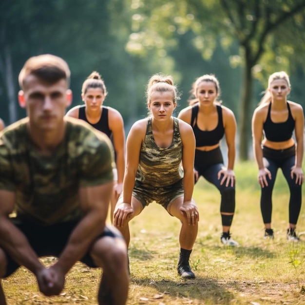 un grupo de personas haciendo sentadillas en un parque