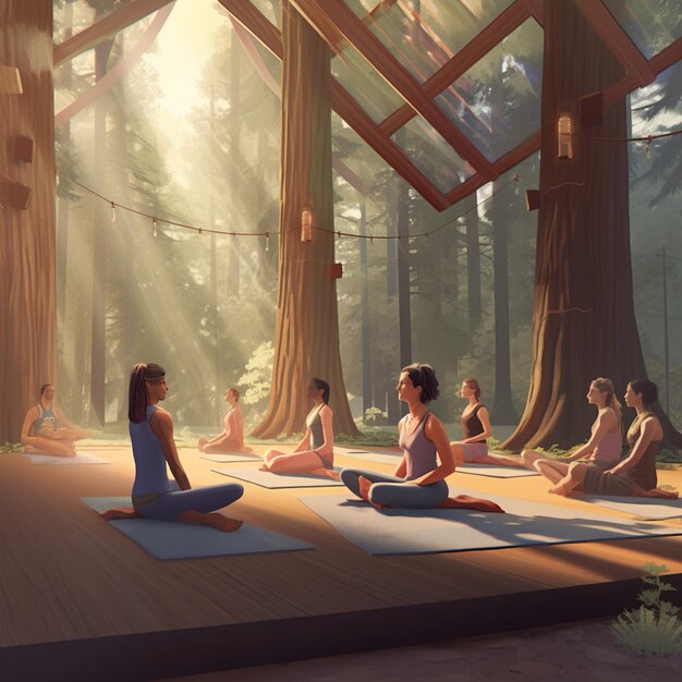 Un grupo de personas haciendo yoga en un bosque.