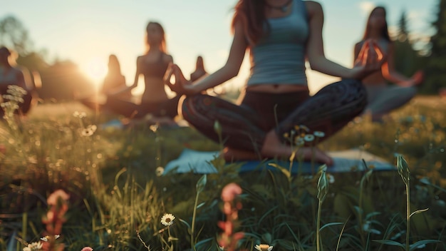 grupo de personas haciendo yoga en la naturaleza tiempo de yoga en la natura gente relajándose en la naturaleza