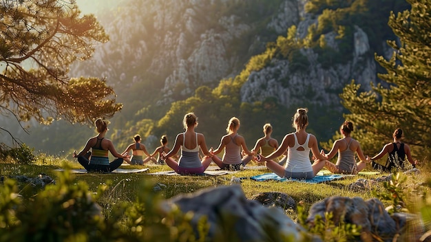 Foto grupo de personas haciendo yoga en la naturaleza tiempo de yoga en la natura gente relajándose en la naturaleza