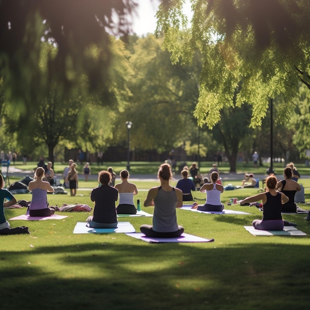 Un grupo de personas haciendo yoga en un parque.