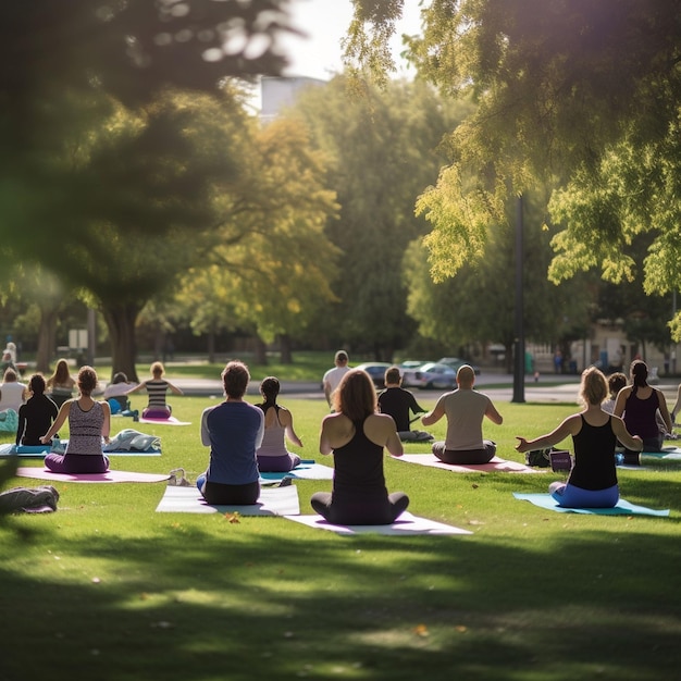 Un grupo de personas haciendo yoga en un parque.