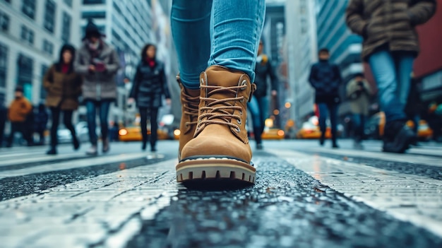 Un grupo de personas, incluido un hombre con botas, caminando por una calle de la ciudad alineada con edificios altos