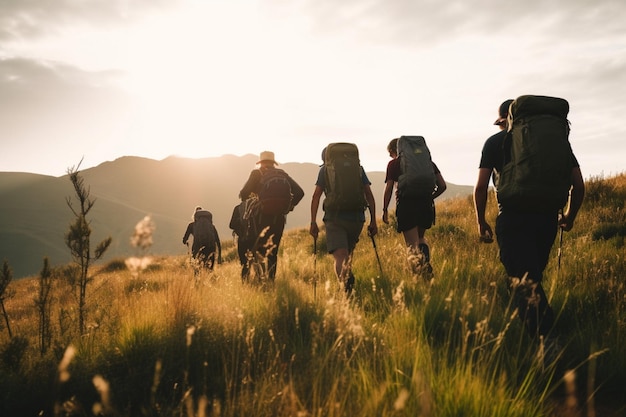 Foto un grupo de personas irreconocibles caminando por las montañas mostrando exploración de aventuras