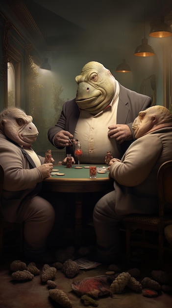 Foto un grupo de personas jugando a las cartas y una rana gigante