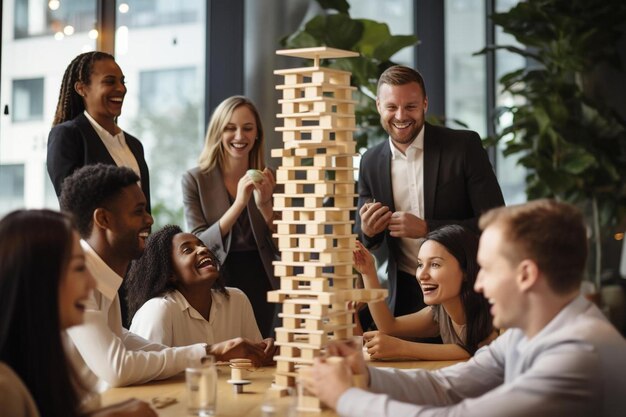 Grupo de personas jugando un juego de bloques de construcción de madera.