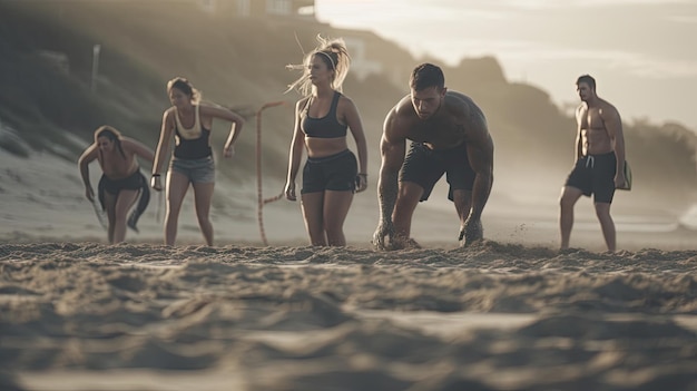 Un grupo de personas jugando en la playa blanca.