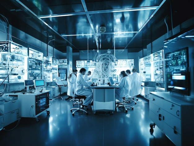Un grupo de personas en un laboratorio con un monitor grande y una cabeza en él.