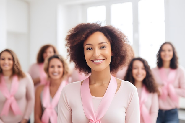 Un grupo de personas con lazos rosas que muestran solidaridad y conciencian sobre el cáncer de mama.