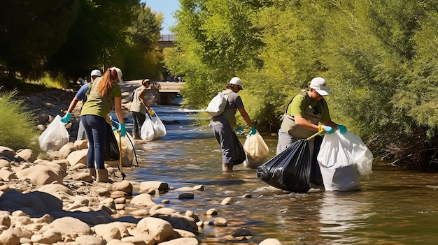 Foto un grupo de personas llevando bolsas de basura por un río