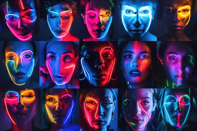 Foto un grupo de personas con luces de neón en sus caras adecuadas para publicaciones en las redes sociales