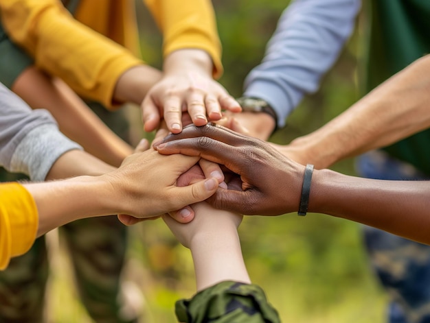 un grupo de personas con las manos alrededor de cada uno con una camisa verde en el otro con el otro ho