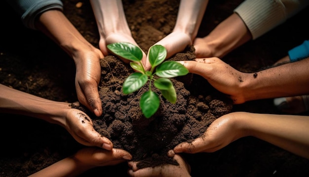 un grupo de personas con las manos alrededor de una planta