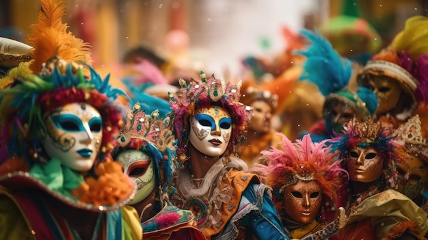 Un grupo de personas con máscaras de colores está de pie en un desfile.