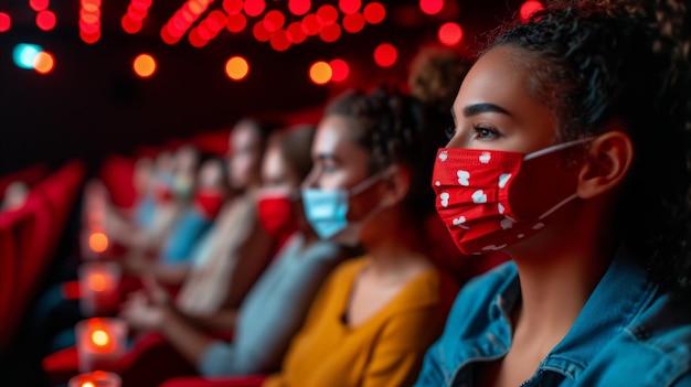 Grupo de personas con máscaras faciales en un cine