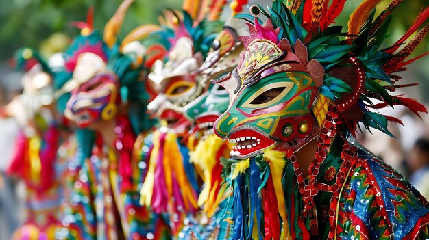 Un grupo de personas con máscaras y trajes coloridos y elaborados realizan una danza tradicional durante un festival