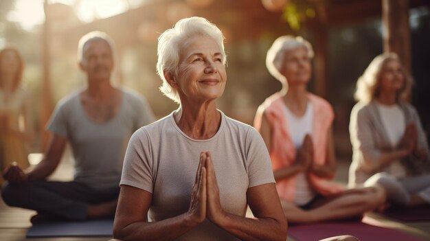 Un grupo de personas mayores activas practican yoga juntos en el interior para mejorar su condición física.