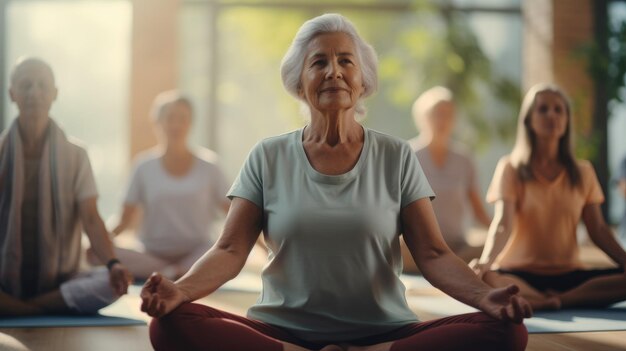 Un grupo de personas mayores activas practican yoga juntos en el interior para mejorar su condición física.