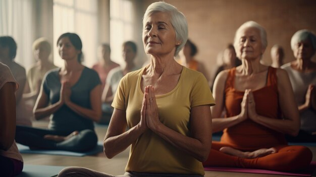 Un grupo de personas mayores activas practican yoga juntos en el interior para mejorar su condición física.