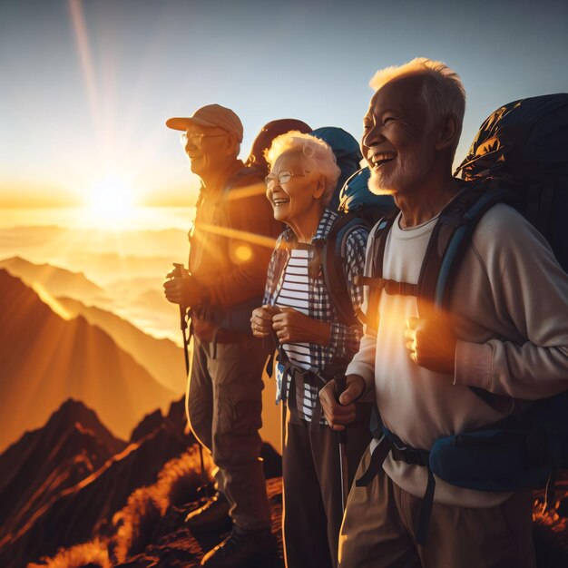 Grupo de personas mayores caminando por las montañas al atardecer Estilo de vida activo de las personas mayores