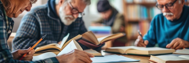 Un grupo de personas mayores se centra en el estudio de lenguas extranjeras utilizando libros de texto y diccionarios en un centro comunitario durante la tarde.