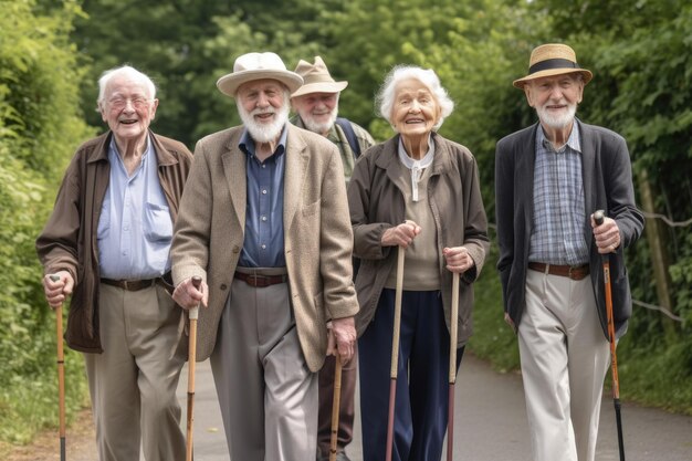 Un grupo de personas mayores paradas afuera con sus bastones en la mano creado con IA generativa