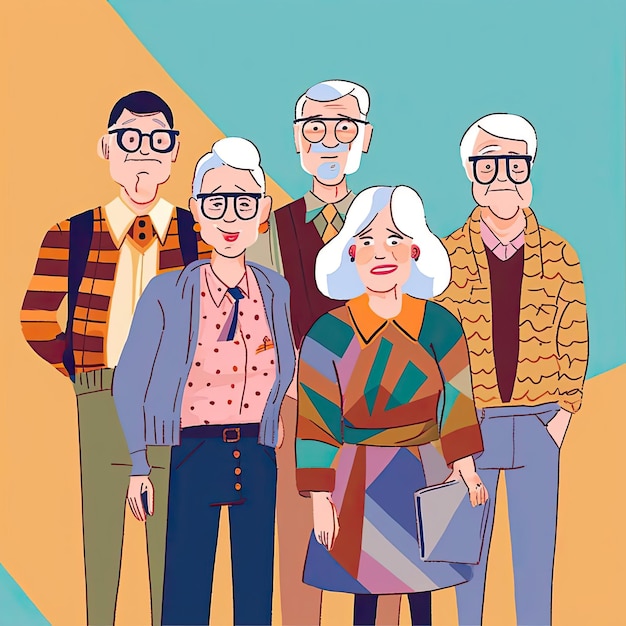 Grupo de personas mayores de pie juntos ilustración vectorial en estilo plano