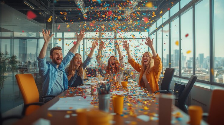 grupo de personas en una mesa con confeti en el fondo