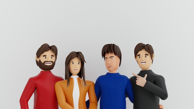 Grupo de personas miembro del equipo o estudiante de pie junto con un personaje de representación 3D de cara segura