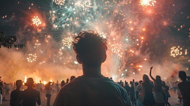 Un grupo de personas mira el cielo nocturno iluminado por fuegos artificiales brillantes Diversión de verano