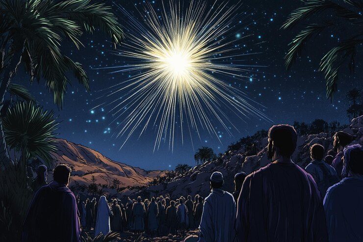 un grupo de personas miran una estrella que se está iluminando en el cielo nocturno
