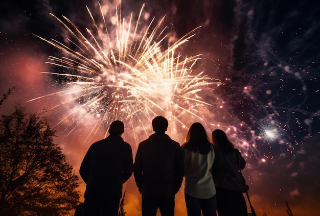 grupo de personas mirando la explosión de fuegos artificiales en la víspera de Año Nuevo