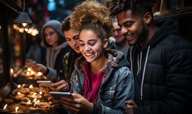 Grupo de personas mirando un teléfono móvil