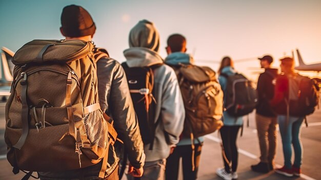 Un grupo de personas con mochilas caminando hacia un avión imagen generativa de ai