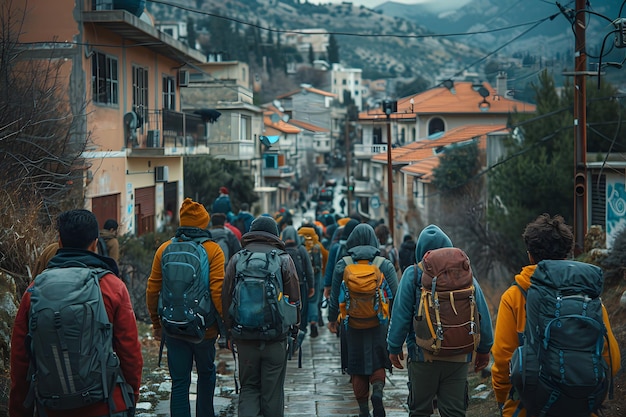 Un grupo de personas con mochilas caminando por una calle