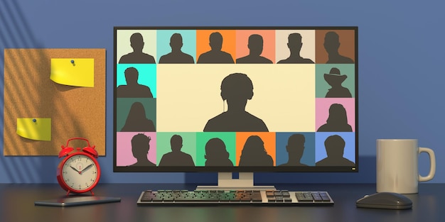 Grupo de personas en un monitor de computadora fondo de oficina en casa Concepto de videoconferencia Ilustración 3d