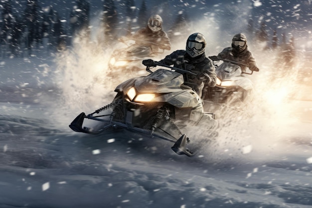 Foto un grupo de personas montadas en la parte trasera de una moto de nieve