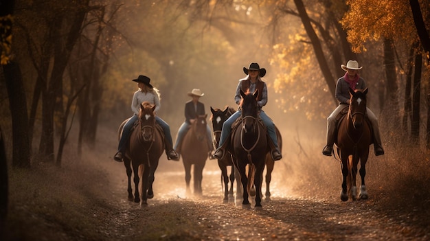 Un grupo de personas montando a caballo en un bosque.