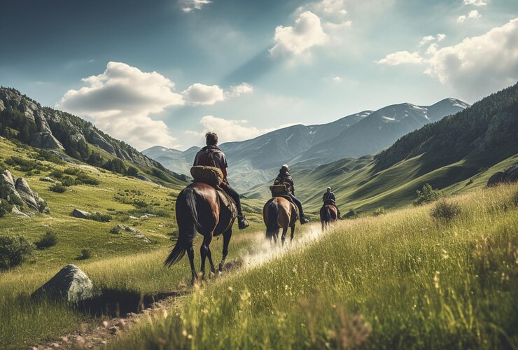 un grupo de personas montando a caballo en las montañas