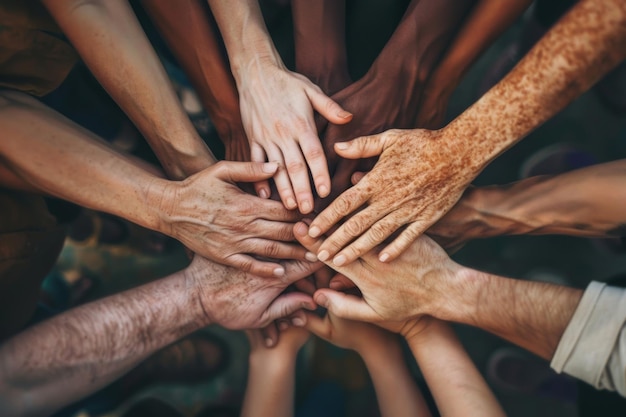 Un grupo de personas multiculturales con sus manos juntas trabajo en equipo de una comunidad diversa