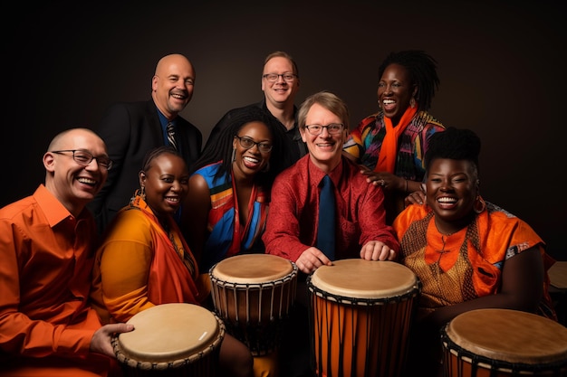 Grupo de personas multiétnicas felices tocando la batería aislados sobre fondo negro banda de música