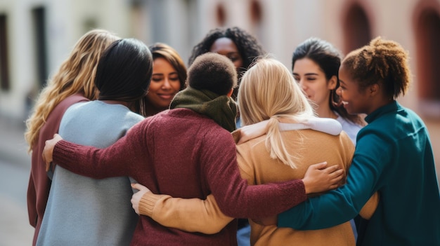 Foto grupo de personas multiétnicas en fila de abrazos para apoyarse mutuamente vista trasera