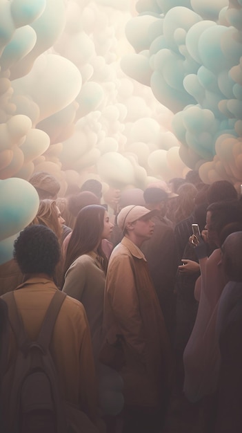 Un grupo de personas se para en una multitud con globos flotando a su alrededor.