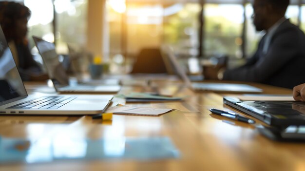 Un grupo de personas de negocios están sentadas alrededor de una mesa en una sala de conferencias todos están mirando sus portátiles y trabajando en un proyecto