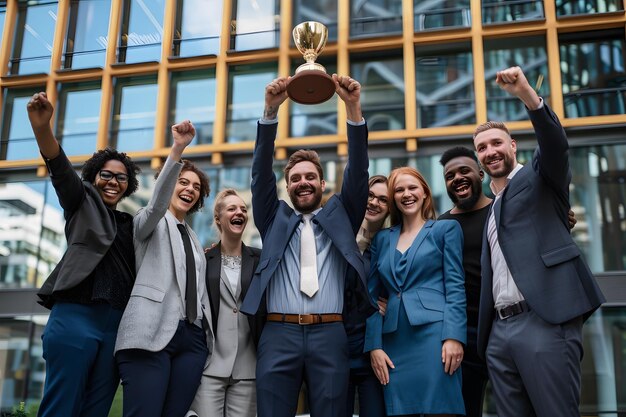 Grupo de personas de negocios felices sosteniendo el trofeo en las manos sobre el fondo del edificio de oficinas