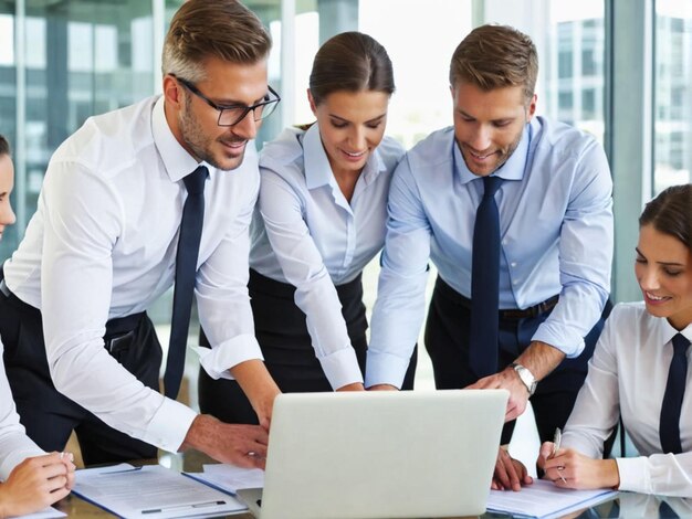 un grupo de personas de negocios mirando una pantalla de portátil