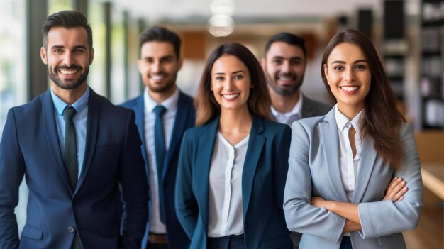 grupo de personas de negocios en un pasillo con un hombre en el fondo