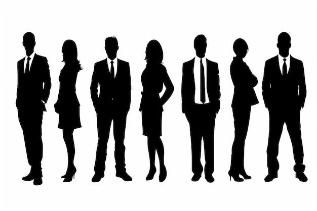 un grupo de personas de negocios de pie frente a un fondo blanco